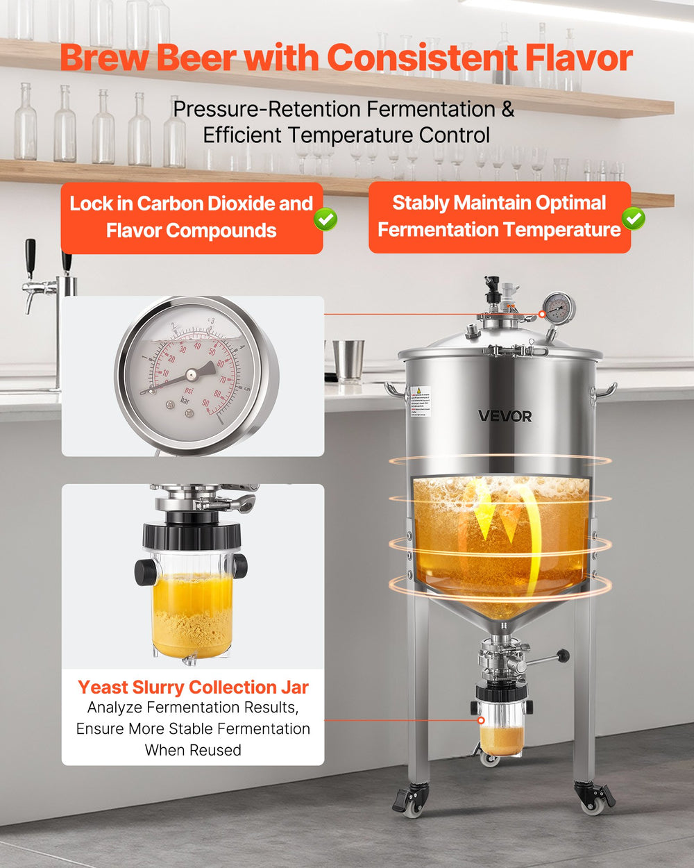 VEVOR Pressure Fermenter 15 PSI, 16 Gal/60L All-in-One Stainless Steel Conical Secondary Fermentation Bucket, with Cooling Tube, Yeast Slurry Collection Bottle, for Wine, Beer Brewing Equipment