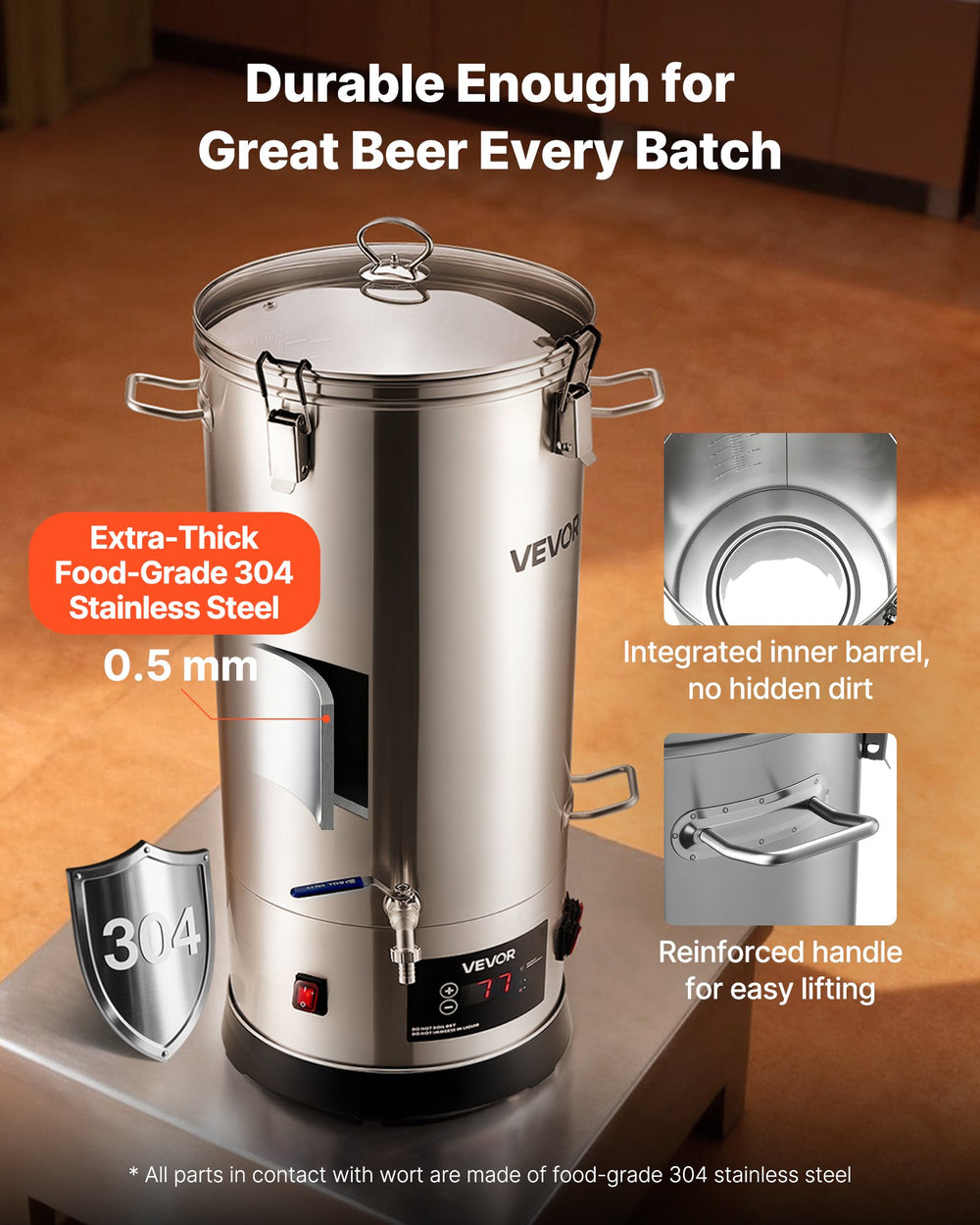 VEVOR Beer Brewing Equipment, 8 Gal/30L 304 Stainless Steel Home Beer Brewer,1500W All-in-One Home Brewing Kit with Tall strainer, Integrated Inner Barrel & Reinforced Handle