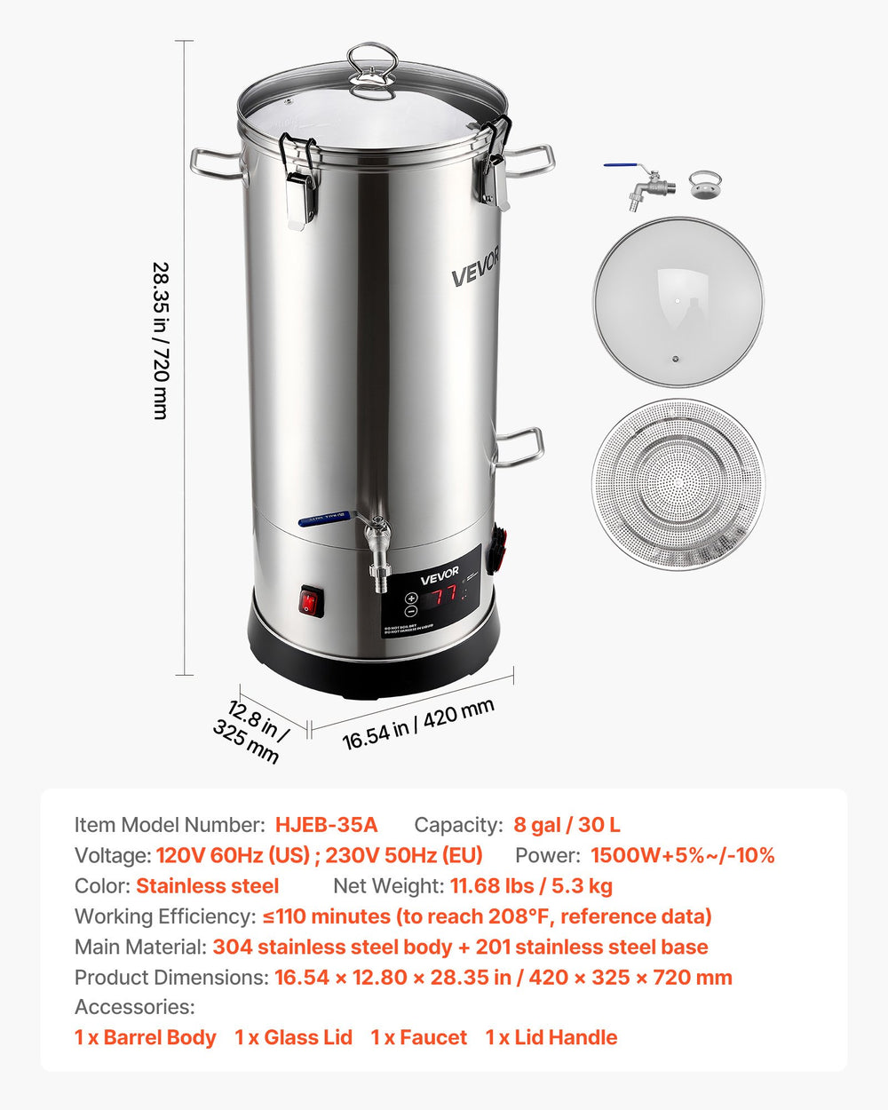 VEVOR Beer Brewing Equipment, 8 Gal/30L 304 Stainless Steel Home Beer Brewer,1500W All-in-One Home Brewing Kit with Tall strainer, Integrated Inner Barrel & Reinforced Handle