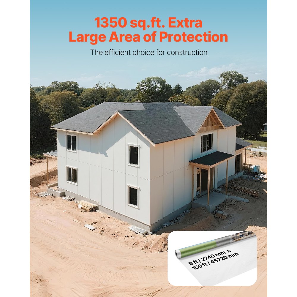 VEVOR House Wrap, 9 x 150 ft, 0.13 mm Thick Vapor Barrier, Heavy Duty Plastic Sheeting for Tear-resistant, Drop Cloth Vapor Barrier Covering for Residential & Commercial Construction, White