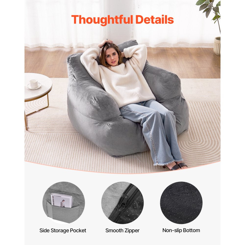 VEVOR Bean Bag Chair, BeanBag Sofa Chair with Armrests for Adults, Fluffy Plush & High-Density Foam Filling Adult Bean Bag with Zapper, Comfy Lazy Sofa Chair Ideal for Living Room, Bedroom, Grey