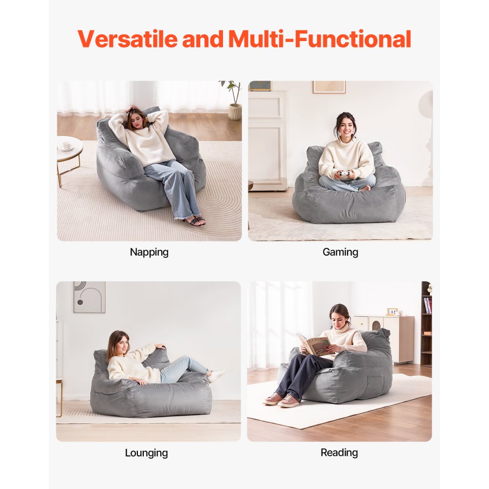 VEVOR Bean Bag Chair, BeanBag Sofa Chair with Armrests for Adults, Fluffy Plush & High-Density Foam Filling Adult Bean Bag with Zapper, Comfy Lazy Sofa Chair Ideal for Living Room, Bedroom, Grey