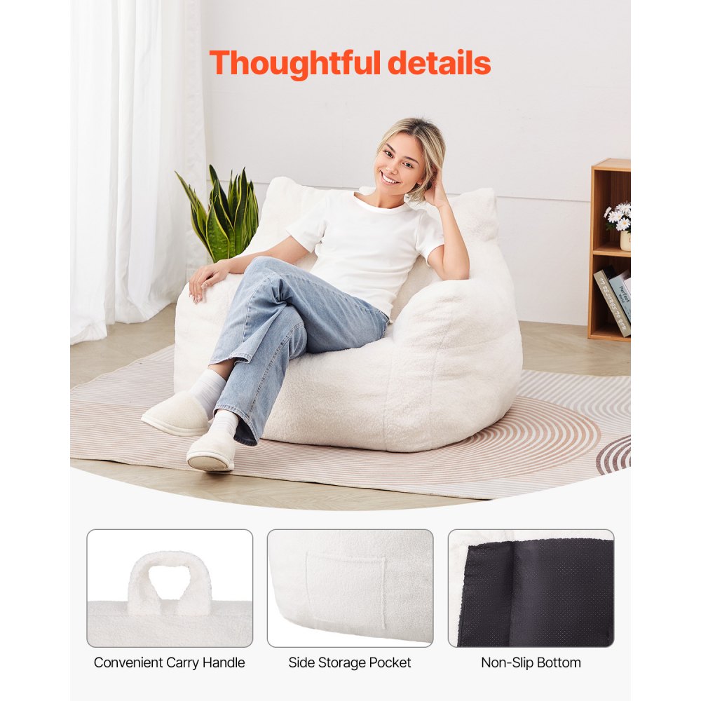 VEVOR Bean Bag Chair, 3 feet Bean Bag Chair with Soft Armrests and Storage Pocket, 25D Memory Foam Filled with Soft Teddy Velvet Cover, Bean Bag for Bedroom or Playroom, White