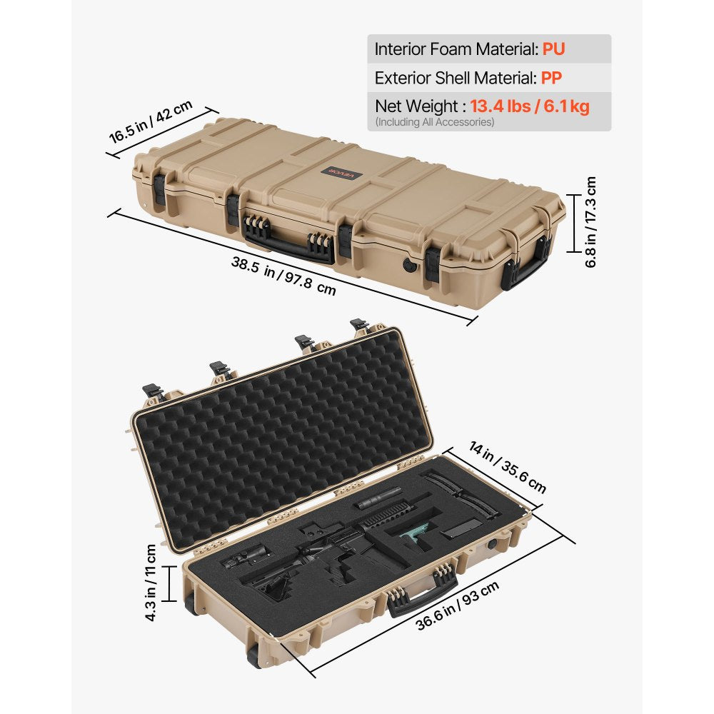 VEVOR Hard Rifle Case, Lockable Rifle Case with 4 Layers Pre-cut Foams, 36 in Gun Storage with Wheels, IP67 Waterproof & Dustproof Pistol Storage Cases for Rifles, Shotguns, Airsoft Guns, Khaki