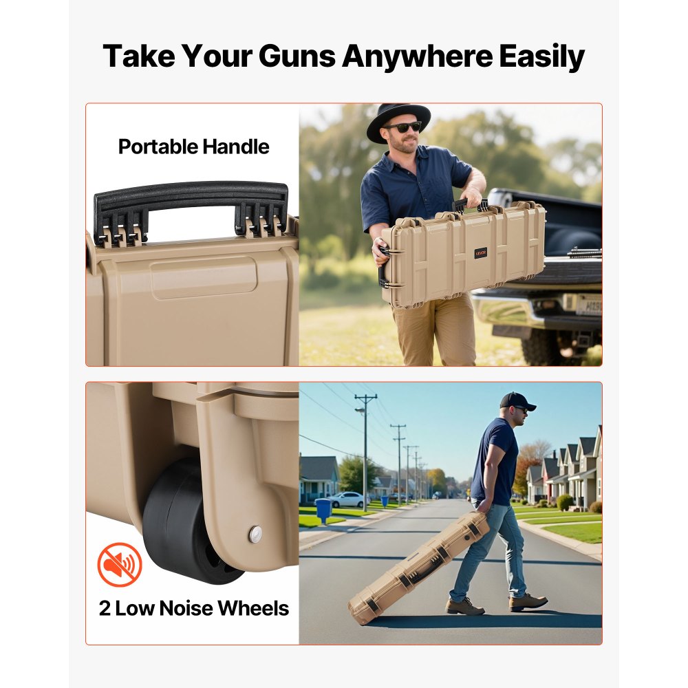 VEVOR Hard Rifle Case, Lockable Rifle Case with 4 Layers Pre-cut Foams, 36 in Gun Storage with Wheels, IP67 Waterproof & Dustproof Pistol Storage Cases for Rifles, Shotguns, Airsoft Guns, Khaki