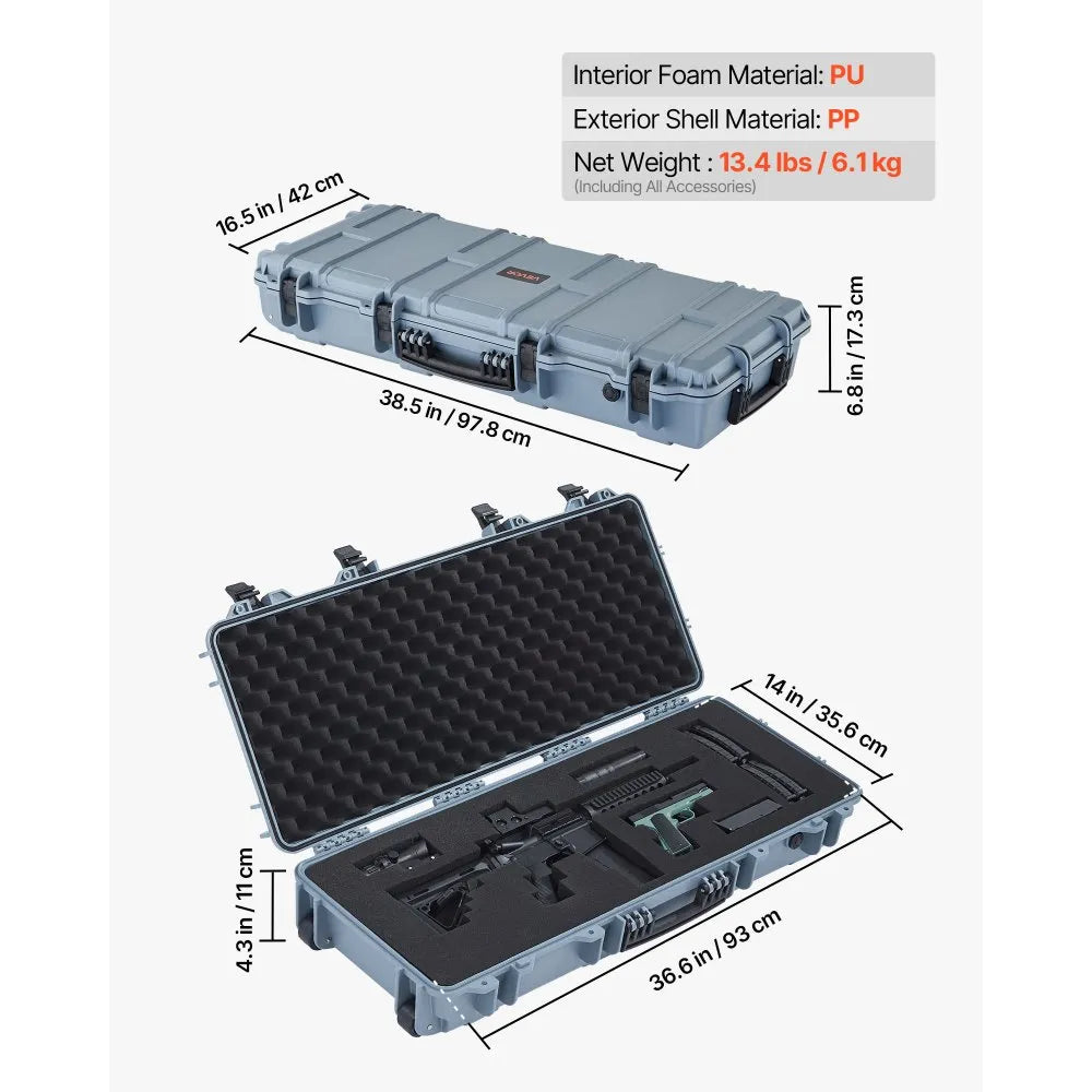 VEVOR Hard Rifle Case, Lockable Rifle Case with 4 Layers Pre-cut Foams, 36 in Gun Storage with Wheels, IP67 Waterproof & Dustproof Pistol Storage Cases for Rifles, Shotguns, Airsoft Guns, Grey