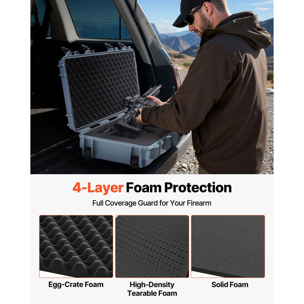 VEVOR Hard Rifle Case, Lockable Rifle Case with 4 Layers Pre-cut Foams, 36 in Gun Storage with Wheels, IP67 Waterproof & Dustproof Pistol Storage Cases for Rifles, Shotguns, Airsoft Guns, Grey