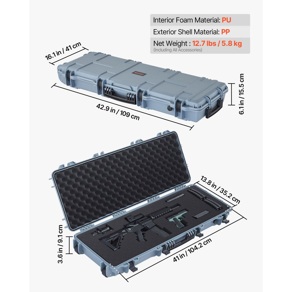 VEVOR Hard Rifle Case, Lockable Rifle Case with Pre-cut Foams, 42 in Movable Gun Storage with Wheels, IP67 Waterproof & Dustproof Pistol Storage for Rifle, Shotgun, Airsoft Gun, Grey