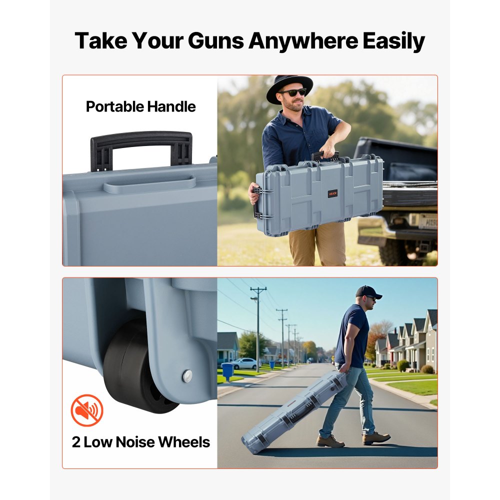 VEVOR Hard Rifle Case, Lockable Rifle Case with Pre-cut Foams, 42 in Movable Gun Storage with Wheels, IP67 Waterproof & Dustproof Pistol Storage for Rifle, Shotgun, Airsoft Gun, Grey