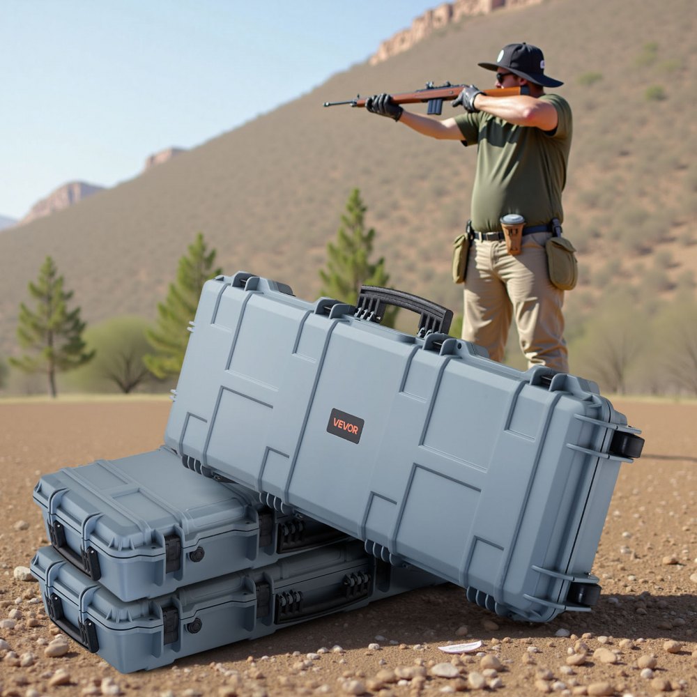 VEVOR Hard Rifle Case, Lockable Rifle Case with Pre-cut Foams, 42 in Movable Gun Storage with Wheels, IP67 Waterproof & Dustproof Pistol Storage for Rifle, Shotgun, Airsoft Gun, Grey