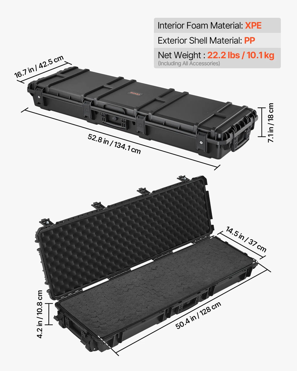 VEVOR Hard Rifle Case, Lockable Rifle Case with Detachable XPE Foam, 50 in Gun Storage with Wheels, IP67 Waterproof & Dustproof Pistol Storage Cases for Rifles, Shotguns, Airsoft Guns, Black