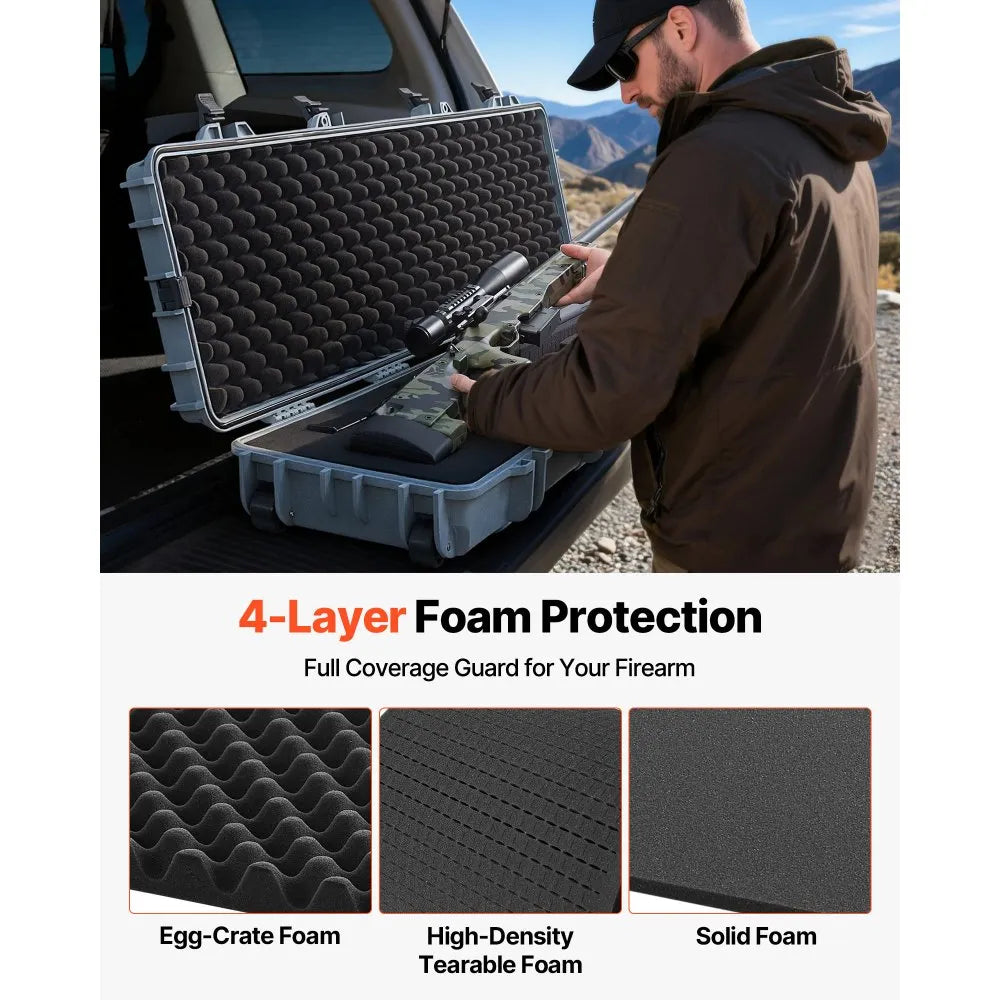 VEVOR Hard Rifle Case, Lockable Rifle Case with Pre-cut Foams, 50 in Movable Gun Storage with Wheels, IP67 Waterproof & Dustproof Pistol Storage for Rifle, Shotgun, Airsoft Gun, Grey