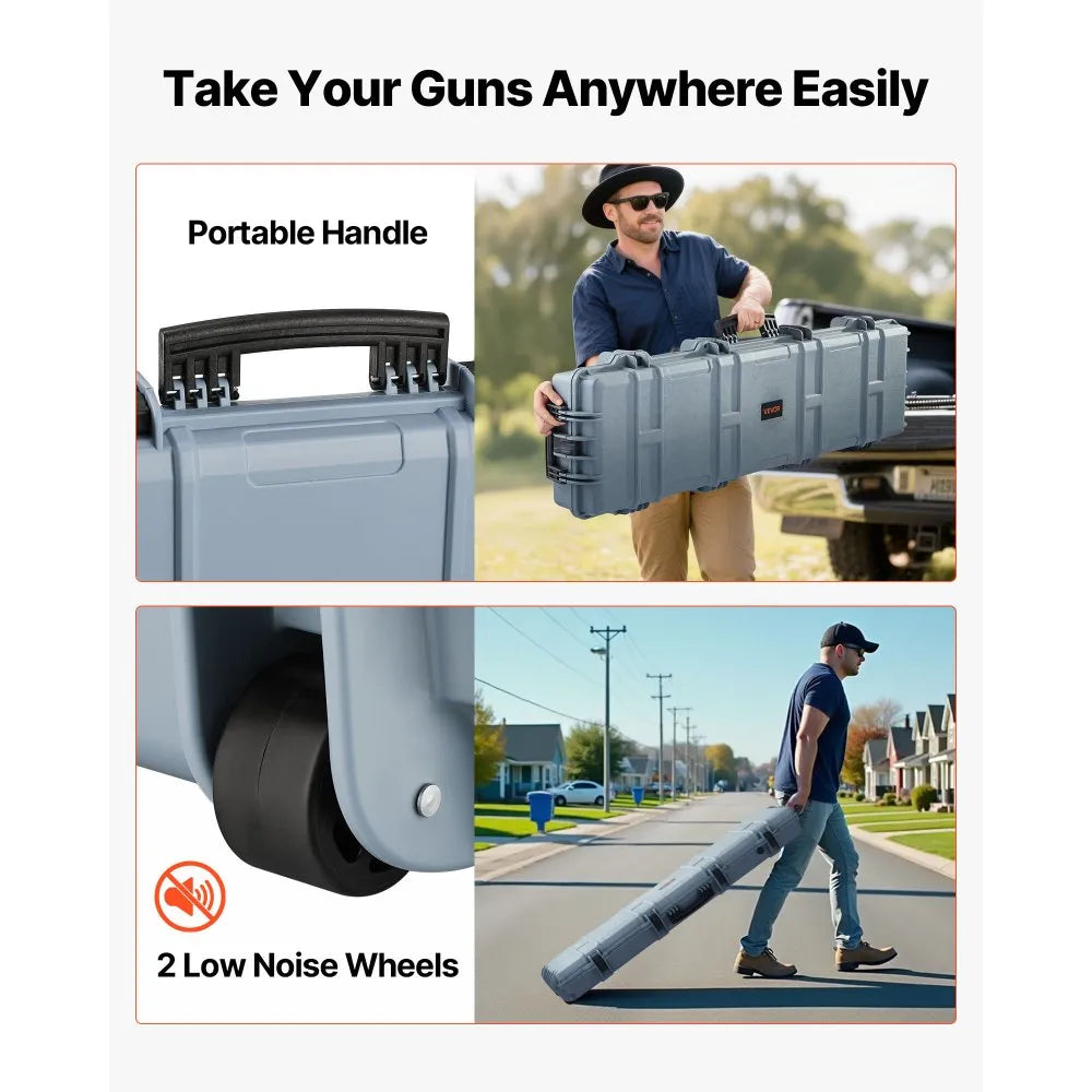 VEVOR Hard Rifle Case, Lockable Rifle Case with Pre-cut Foams, 50 in Movable Gun Storage with Wheels, IP67 Waterproof & Dustproof Pistol Storage for Rifle, Shotgun, Airsoft Gun, Grey