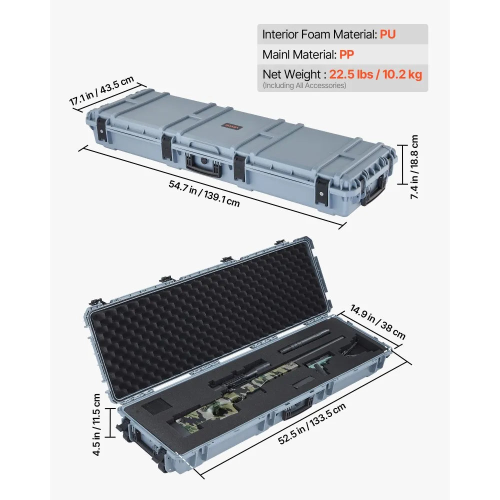 VEVOR Hard Rifle Case, Lockable Rifle Case with Pre-cut Foams, 52 in Gun Storage with Wheels, Heavy Duty IP67 Waterproof & Dustproof Pistol Storage Cases for Rifles, Shotguns, Airsoft Guns, Grey