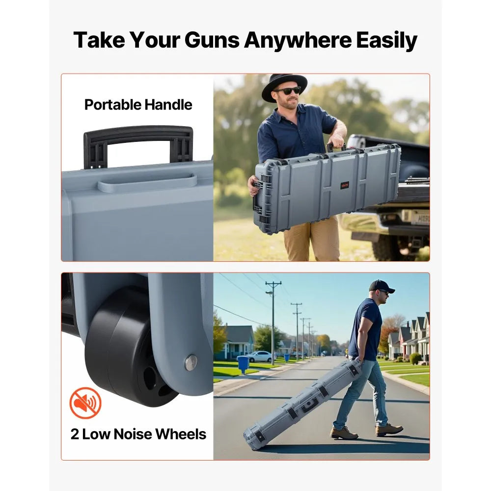 VEVOR Hard Rifle Case, Lockable Rifle Case with Pre-cut Foams, 52 in Gun Storage with Wheels, Heavy Duty IP67 Waterproof & Dustproof Pistol Storage Cases for Rifles, Shotguns, Airsoft Guns, Grey