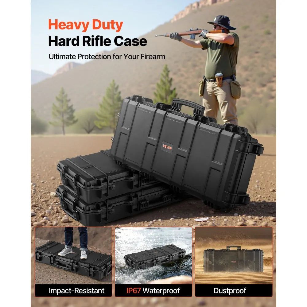 VEVOR Hard Rifle Case, Lockable Rifle Case with 4 Layers Pre-cut Foams, 36 in Gun Storage with Wheels, IP67 Waterproof & Dustproof Pistol Storage Cases for Rifles, Shotguns, Airsoft Guns, Black