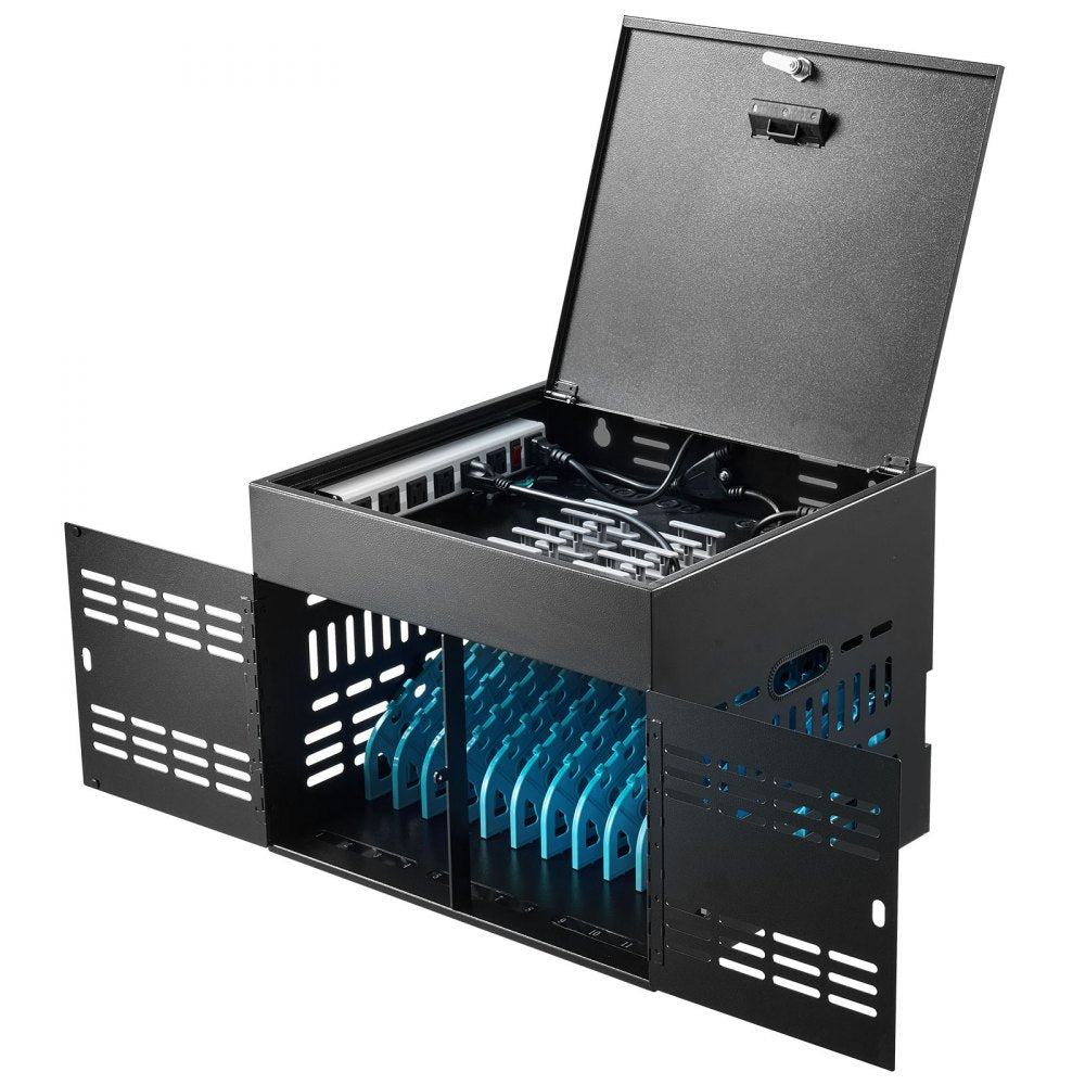 VEVOR 12-Device Charging Cabinet for Tablet & Laptop, Lock Charging Station, for Classroom, Chromebooks, iPads, Fits Devices up to 15.6 in, Wall/Desktop Mount, Steel Lock Box, Fully Assembled, Black