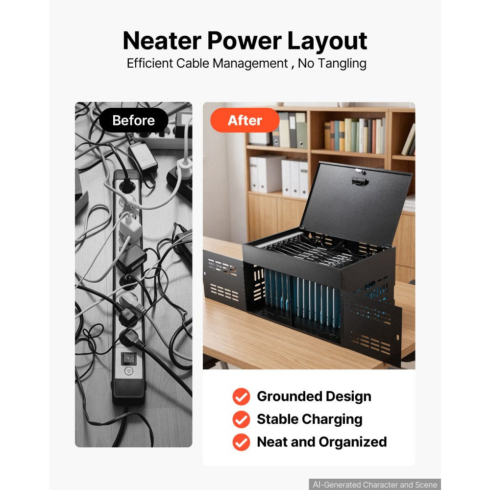 VEVOR 16-Device Charging Cabinet for Tablet & Laptop, Lock Charging Station, for Classroom, Chromebooks, iPads, Fits Devices up to 15.6 in, Wall/Desktop Mount, Steel Lock Box, Fully Assembled, Black