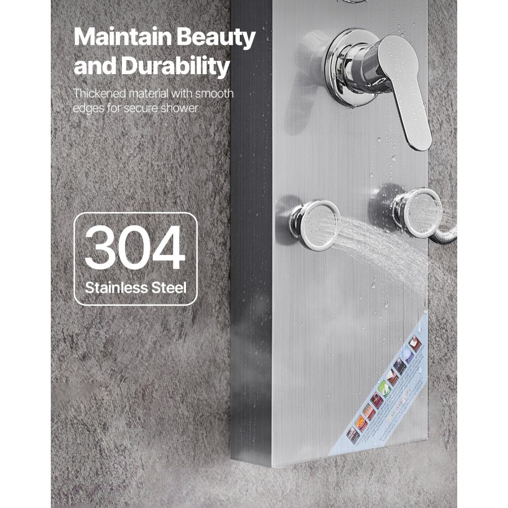 VEVOR Shower Panel Tower System with Rainfall Shower Head, 49 in Brushed Stainless Steel Shower Column, 3-Function Faucet, High Pressure Wall-Mount Rain Massage System with 6 Body Jets and Handheld