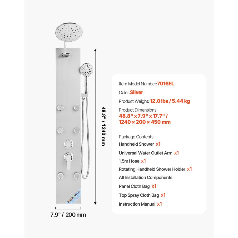 VEVOR Shower Panel Tower System with Rainfall Shower Head 49 in Brushed Stainless Steel Shower Column 3-Function Faucet High Pressure Wall-Mount