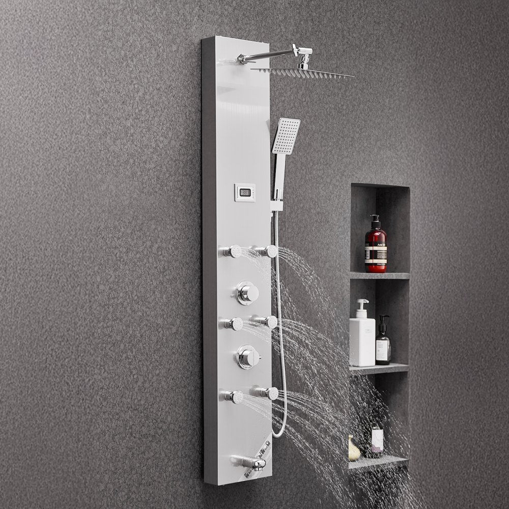 VEVOR Shower Panel Tower System with Rainfall Shower Head, LED, 49 in Brushed Stainless Steel Shower Column, 4-Function Faucet, Wall-Mount Rain Massage System with 6 Body Jets, Handheld, and Tub Spout