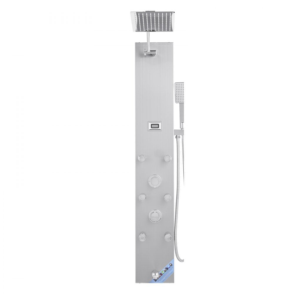 VEVOR Shower Panel Tower System with Rainfall Shower Head, LED, 49 in Brushed Stainless Steel Shower Column, 4-Function Faucet, Wall-Mount Rain Massage System with 6 Body Jets, Handheld, and Tub Spout