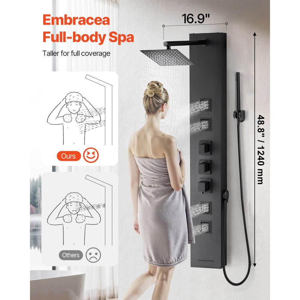 VEVOR Shower Panel Tower System with Rainfall Shower Head, 49 in Brushed Stainless Steel Shower Column, 4-Function Faucet, Wall-Mount Rain Massage System, with 4 Body Jets,  Handheld, and Tub Spout