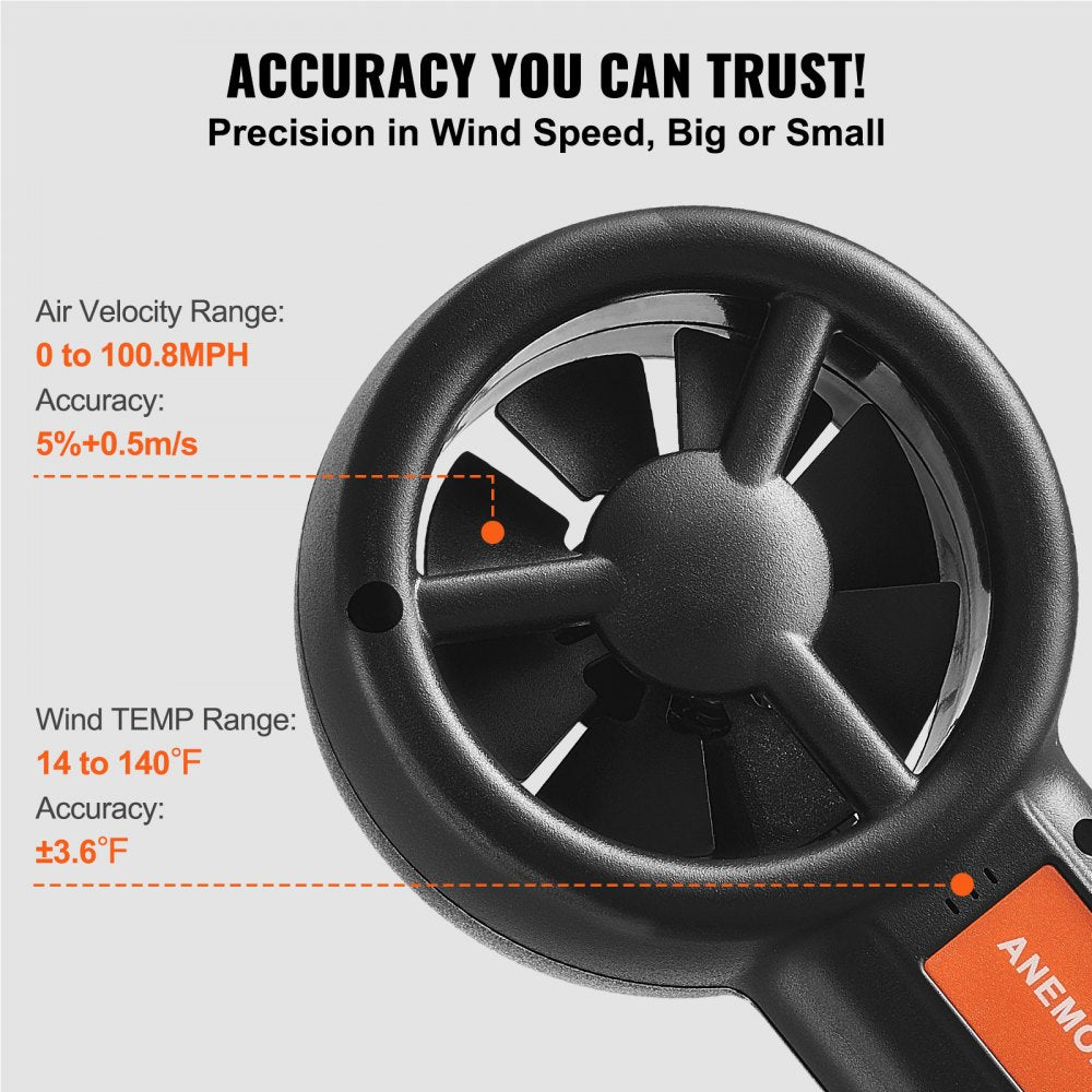 VEVOR Portable Anemometer Split Design, Temp Range 14℉-140℉, LED Screen Digital Air Speed & Temperature Meter, Wind Chill & Velocity Measurement, Ideal for Sailing, Surfing, Flying, HVAC