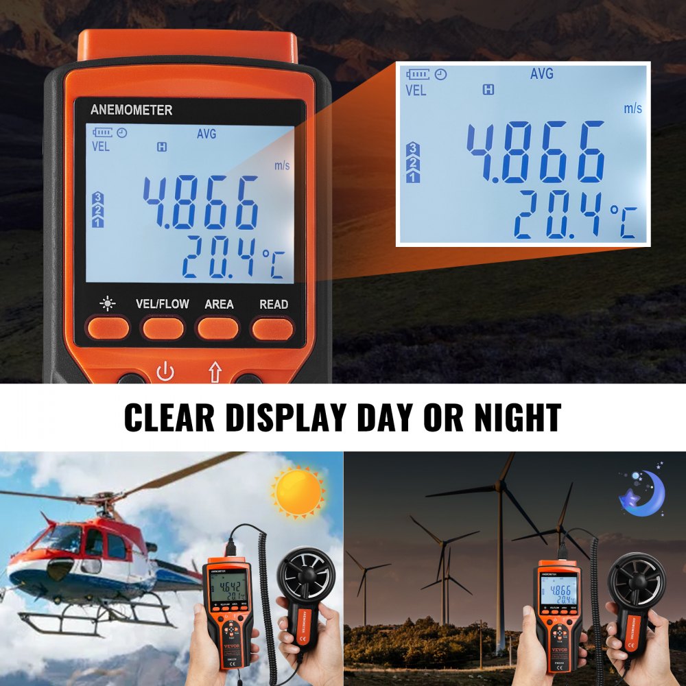 VEVOR Portable Anemometer Split Design, Temp Range 14℉-140℉, LED Screen Digital Air Speed & Temperature Meter, Wind Chill & Velocity Measurement, Ideal for Sailing, Surfing, Flying, HVAC