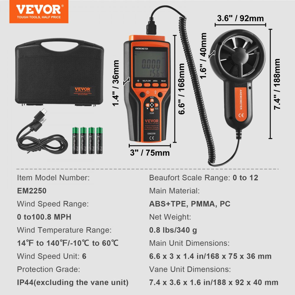 VEVOR Portable Anemometer Split Design, Temp Range 14℉-140℉, LED Screen Digital Air Speed & Temperature Meter, Wind Chill & Velocity Measurement, Ideal for Sailing, Surfing, Flying, HVAC