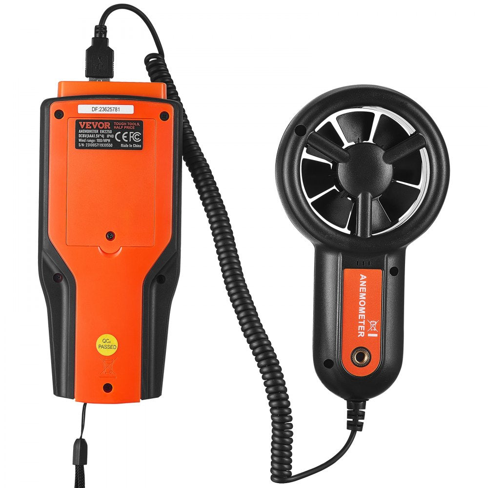 VEVOR Portable Anemometer Split Design, Temp Range 14℉-140℉, LED Screen Digital Air Speed & Temperature Meter, Wind Chill & Velocity Measurement, Ideal for Sailing, Surfing, Flying, HVAC