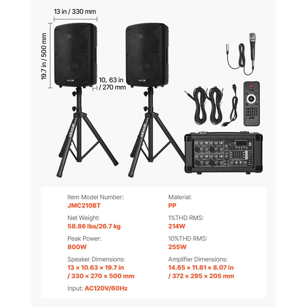 VEVOR PA system kit dimensions and included accessories overview