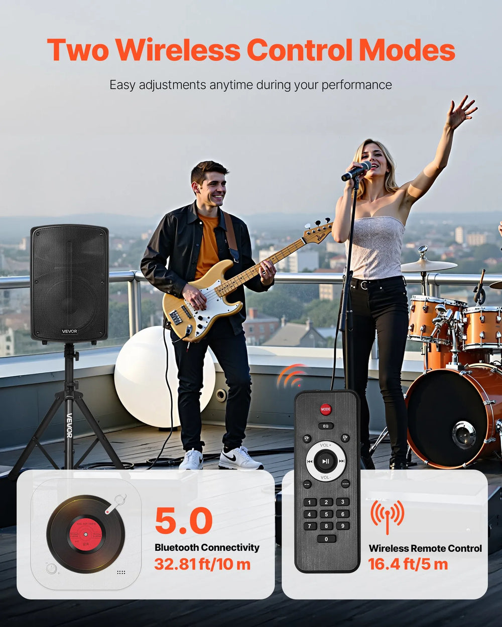 VEVOR Bluetooth 5.0 connection and remote control range overview