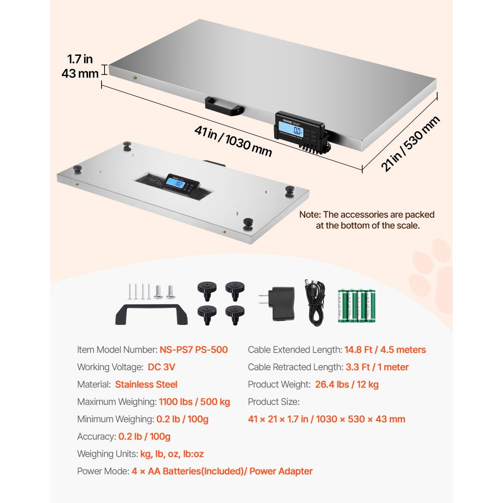 VEVOR Digital Postal Scale, 0.2 lbs Dual Accuracy, 1100 lbs Commercial Weight Scale with Hold/Tare Function & LCD Display, Fit for Packages, Postage, Luggage, Battery and Power Adapter Included