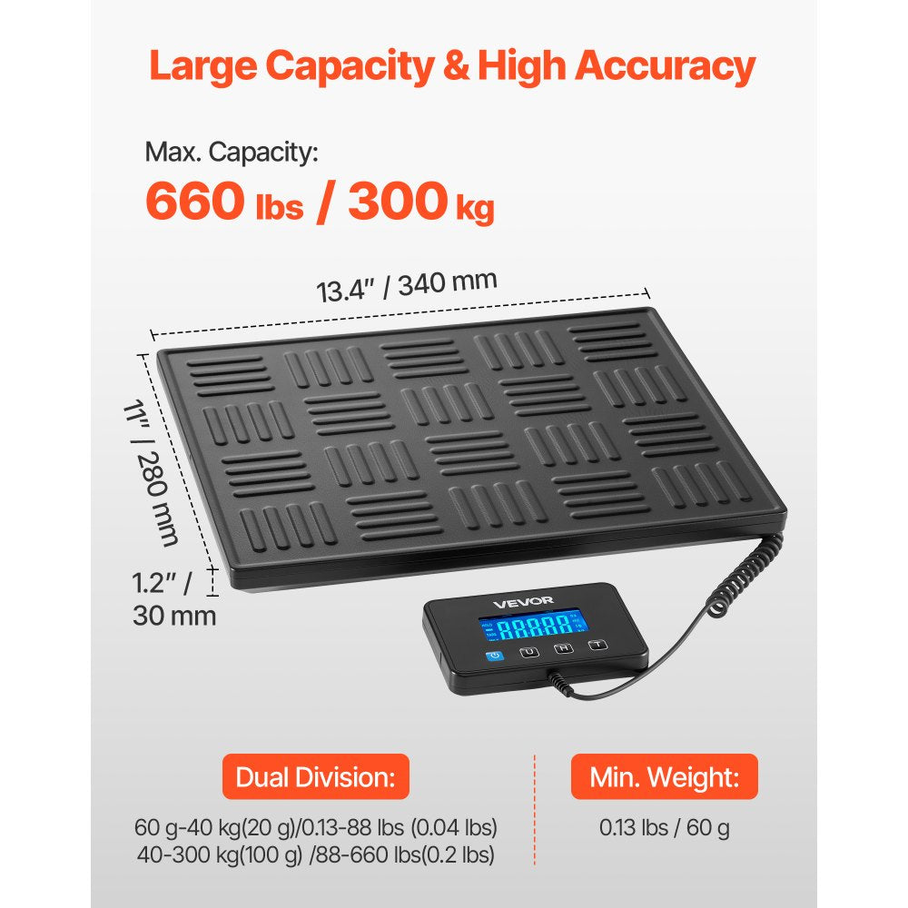 VEVOR Digital Postal Scale, 0.7 oz/3.5 oz Dual Accuracy, 660 lbs Commercial Weight Scale with Hold/Tare Function & LCD Display, Fit for Packages, Postage, Luggage, Battery & Charging Cable Included