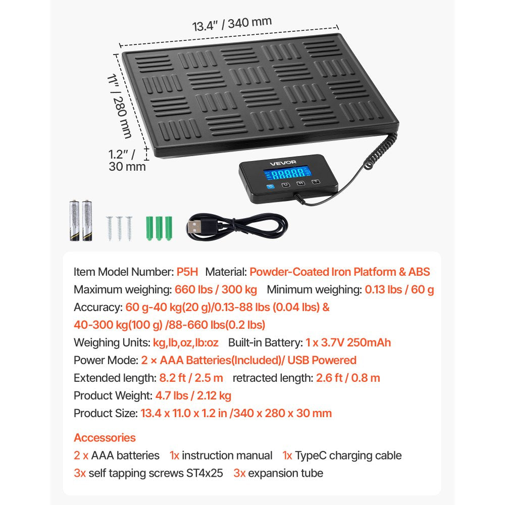 VEVOR Digital Postal Scale, 0.7 oz/3.5 oz Dual Accuracy, 660 lbs Commercial Weight Scale with Hold/Tare Function & LCD Display, Fit for Packages, Postage, Luggage, Battery & Charging Cable Included