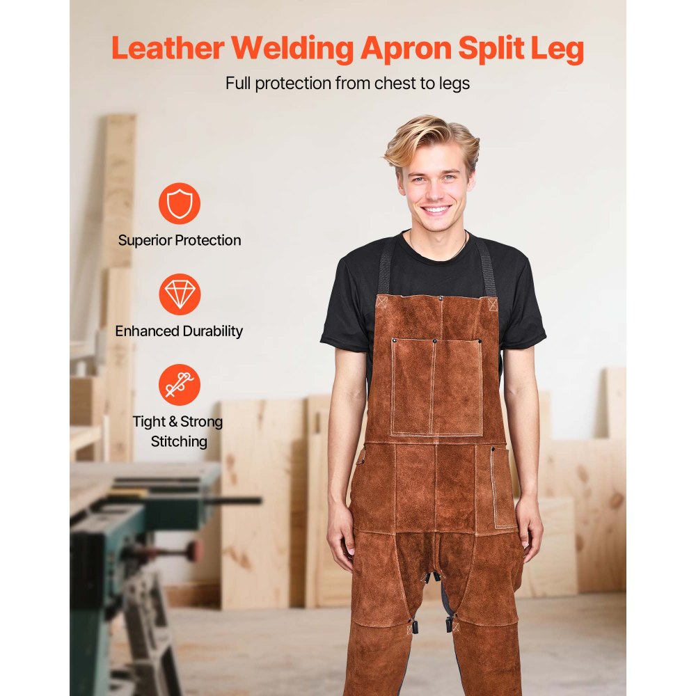 VEVOR Leather Welding Apron Split Leg, Heavy Duty Cowhide Flame Resistant Welding Pants for Men Women, Heat-Resistant Safety Apron with 3 Pockets for Woodworking, Gardening, Blacksmithing, XL-Size