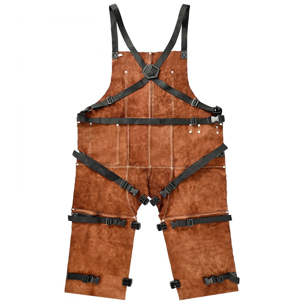 VEVOR Leather Welding Apron Split Leg, Heavy Duty Cowhide Flame Resistant Welding Pants for Men Women, Heat-Resistant Safety Apron with 3 Pockets for Woodworking, Gardening, Blacksmithing, XL-Size