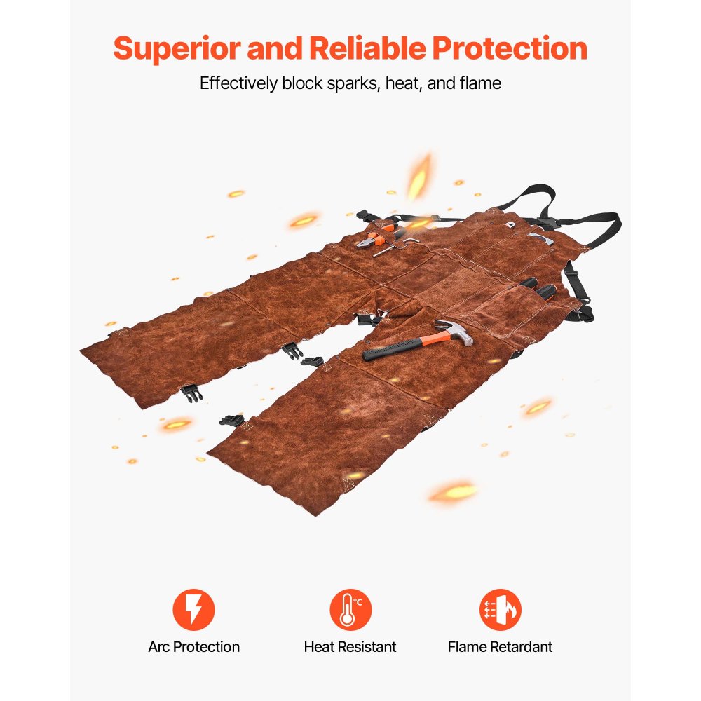 VEVOR Leather Welding Apron Split Leg, Heavy Duty Cowhide Flame Resistant Welding Pants for Men Women, Heat-Resistant Safety Apron with 3 Pockets for Woodworking, Gardening, Blacksmithing, L-Size