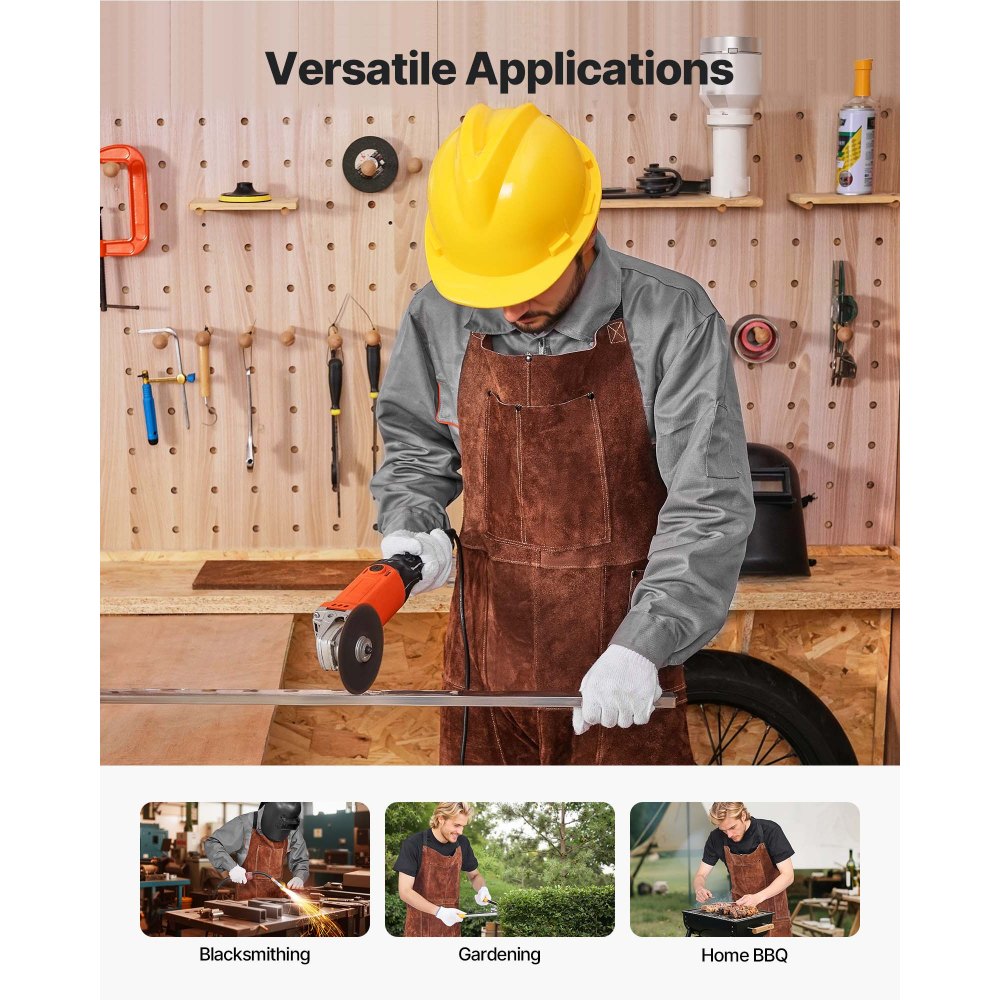 VEVOR Leather Welding Apron Split Leg, Heavy Duty Cowhide Flame Resistant Welding Pants for Men Women, Heat-Resistant Safety Apron with 3 Pockets for Woodworking, Gardening, Blacksmithing, L-Size