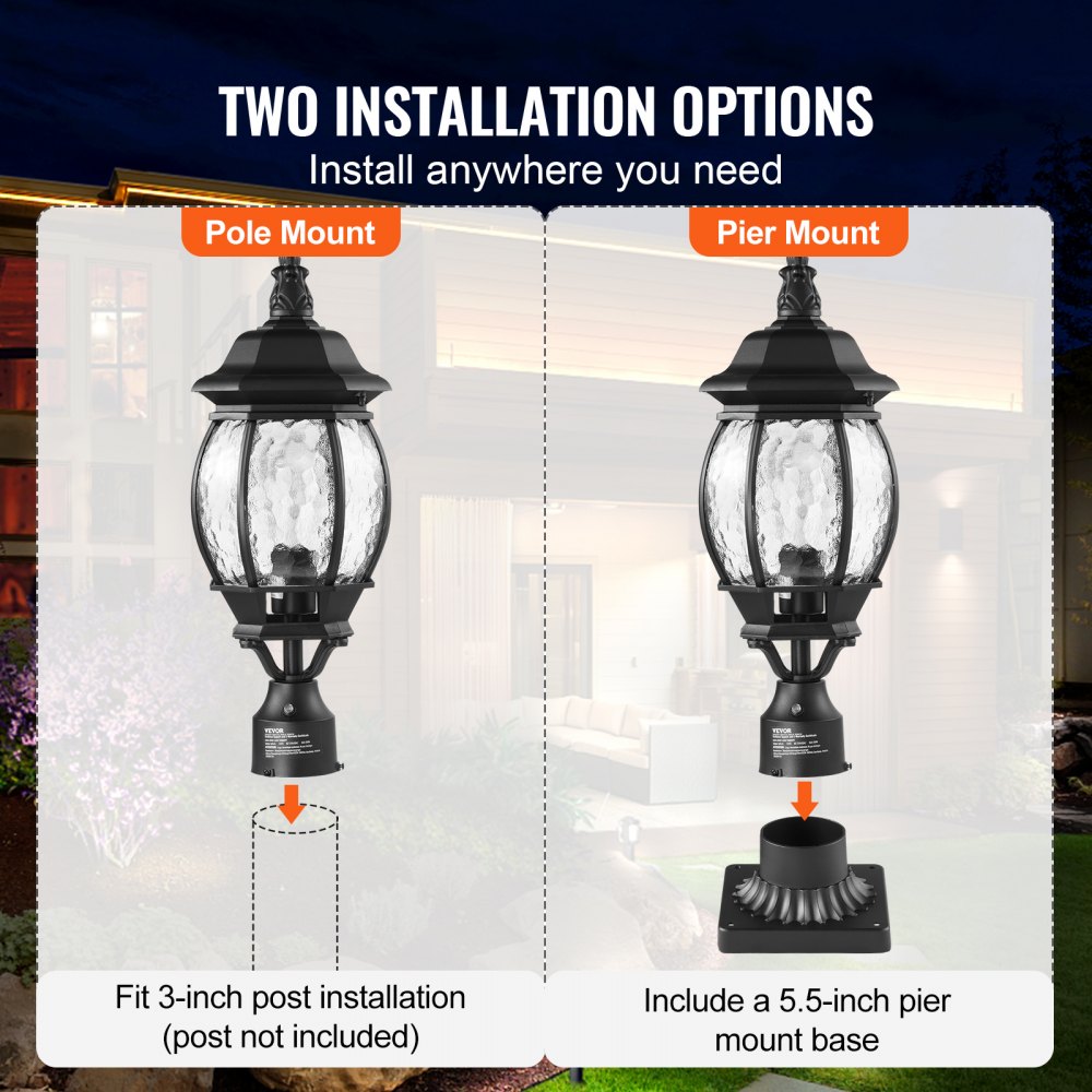 VEVOR 2 Pack Dusk to Dawn Outdoor Post Light, 20.87 in, Waterproof Lamp Post Light Fixtures with 5.5 in Pier Mount Base Glass Shade, Lightning-proof Exterior Pole Column Light for Patio Garden Pathway