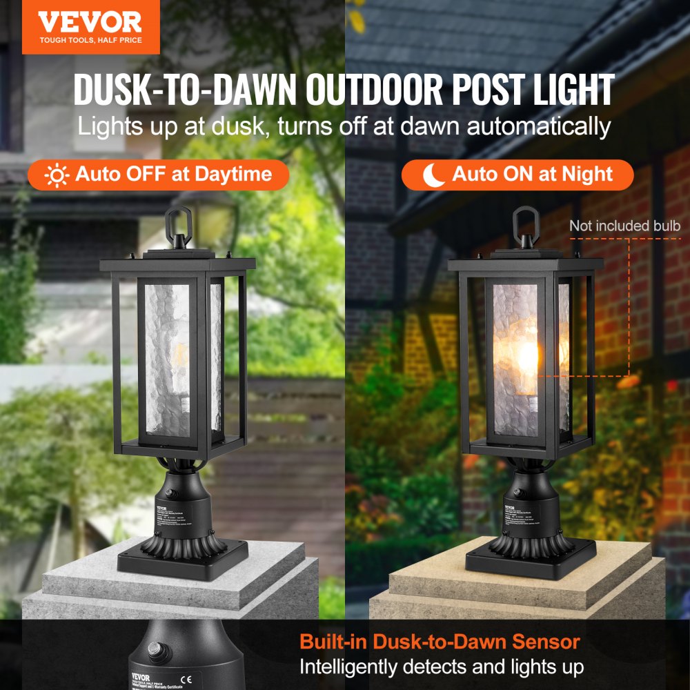 VEVOR 2 Pack Dusk to Dawn Outdoor Post Light, 17.72 in, Waterproof Lamp Post Light Fixtures with 3.5 in Pier Mount Base Glass Shade, Lightning-proof Exterior Pole Column Light for Patio Garden Pathway