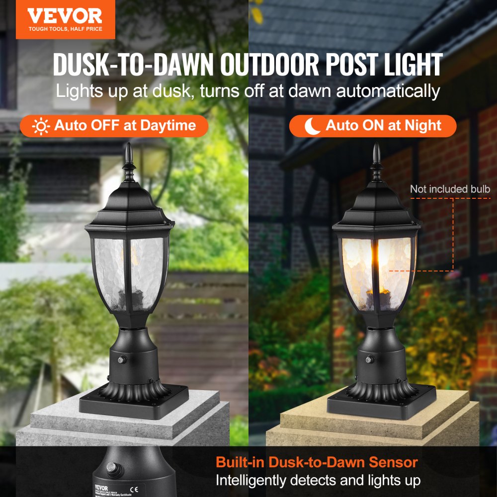 VEVOR 2 Pack Dusk to Dawn Outdoor Post Light, 15.35 in, Waterproof Lamp Post Light Fixtures with 3.5 in Pier Mount Base Glass Shade, Lightning-proof Exterior Pole Column Light for Patio Garden Pathway