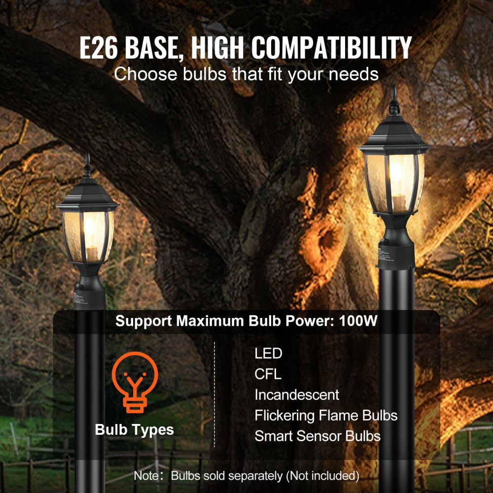 VEVOR Dusk to Dawn Outdoor Post Light, 15.75 in Height, Waterproof Lamp Post Light Fixture with 5.5 in Pier Mount Base Glass Shade, Lightning-proof Exterior Pole Column Light for Patio Garden Pathway