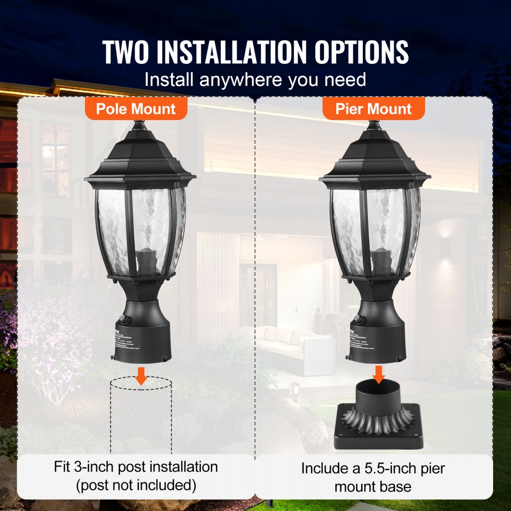 VEVOR Dusk to Dawn Outdoor Post Light, 15.75 in Height, Waterproof Lamp Post Light Fixture with 5.5 in Pier Mount Base Glass Shade, Lightning-proof Exterior Pole Column Light for Patio Garden Pathway