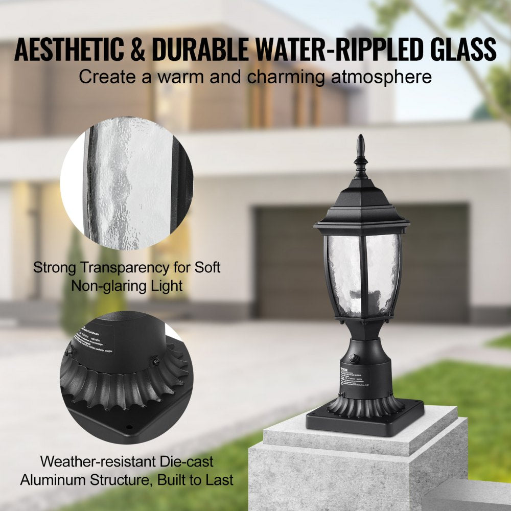 VEVOR Dusk to Dawn Outdoor Post Light, 15.75 in Height, Waterproof Lamp Post Light Fixture with 5.5 in Pier Mount Base Glass Shade, Lightning-proof Exterior Pole Column Light for Patio Garden Pathway