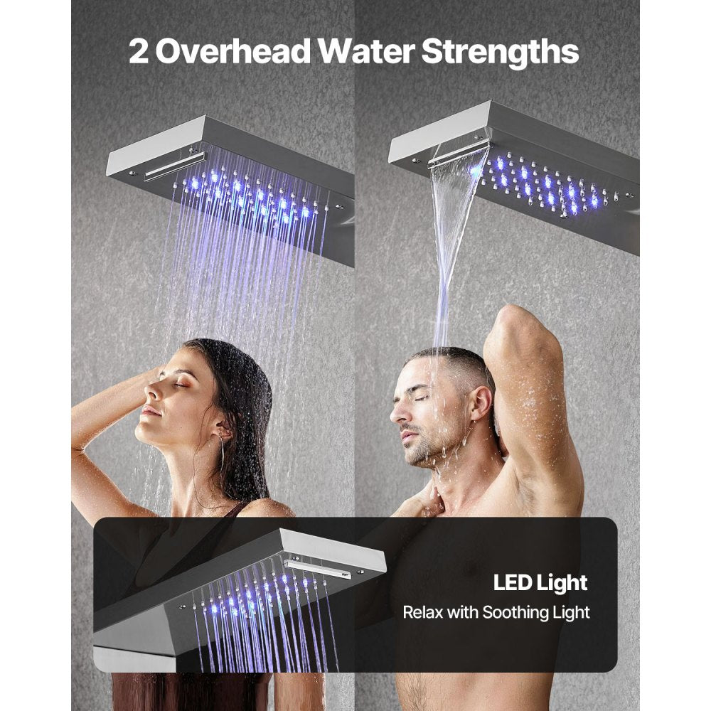VEVOR Shower Panel Tower System with Rainfall Waterfall Shower Head, LED, 53 in Brushed Stainless Steel Shower Column, 5-Function Faucet, Wall-Mount Rain Massage System, with Handheld, Tub Spout