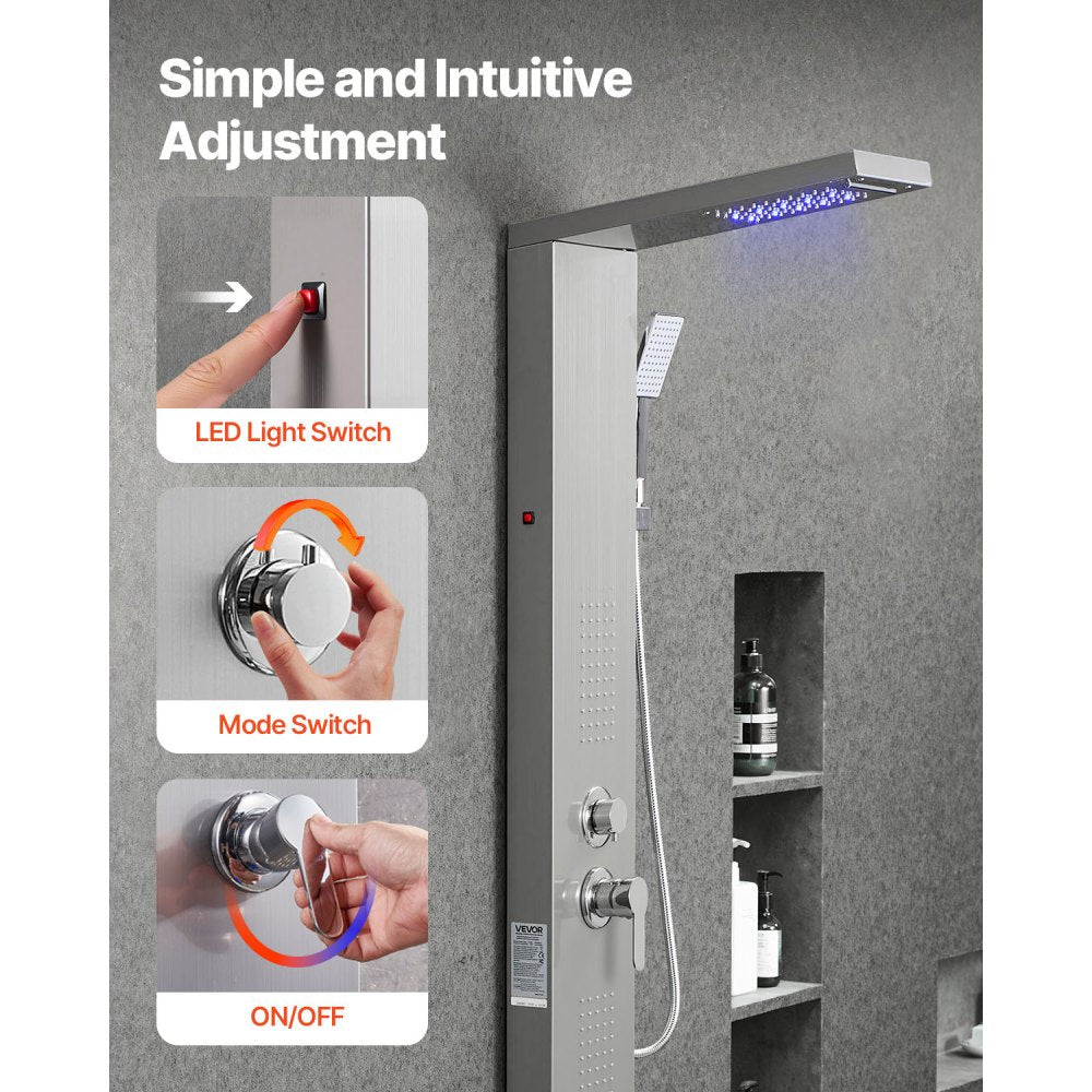 VEVOR Shower Panel Tower System with Rainfall Waterfall Shower Head, LED, 53 in Brushed Stainless Steel Shower Column, 5-Function Faucet, Wall-Mount Rain Massage System, with Handheld, Tub Spout