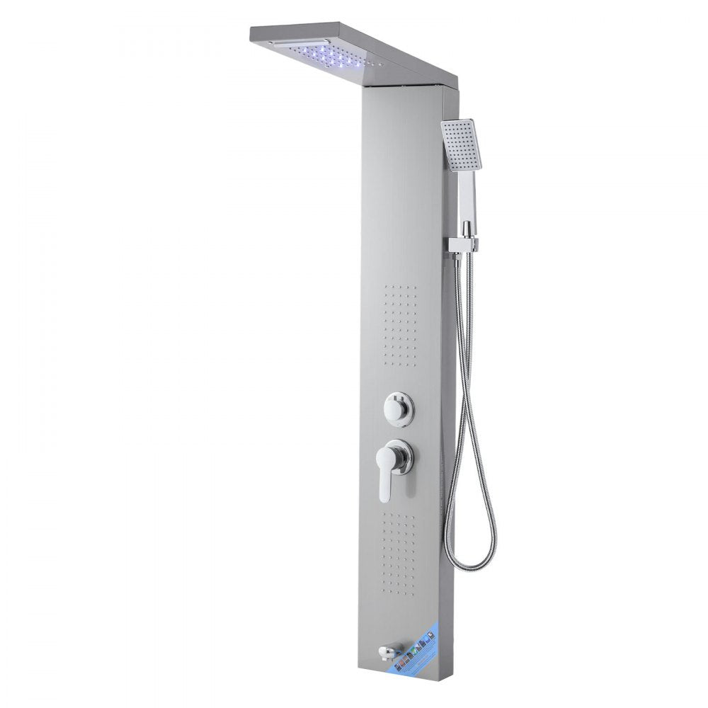 VEVOR Shower Panel Tower System with Rainfall Waterfall Shower Head, LED, 53 in Brushed Stainless Steel Shower Column, 5-Function Faucet, Wall-Mount Rain Massage System, with Handheld, Tub Spout