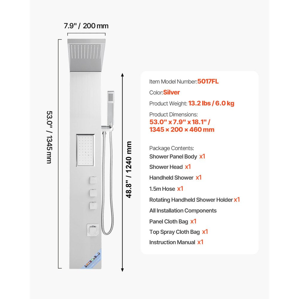VEVOR Shower Panel Tower System with Rainfall Shower Head, 53 in Brushed Stainless Steel Shower Column, 3-Function Faucet, High Pressure Wall-Mount Rain Massage System, with Large Body Jet, Handheld